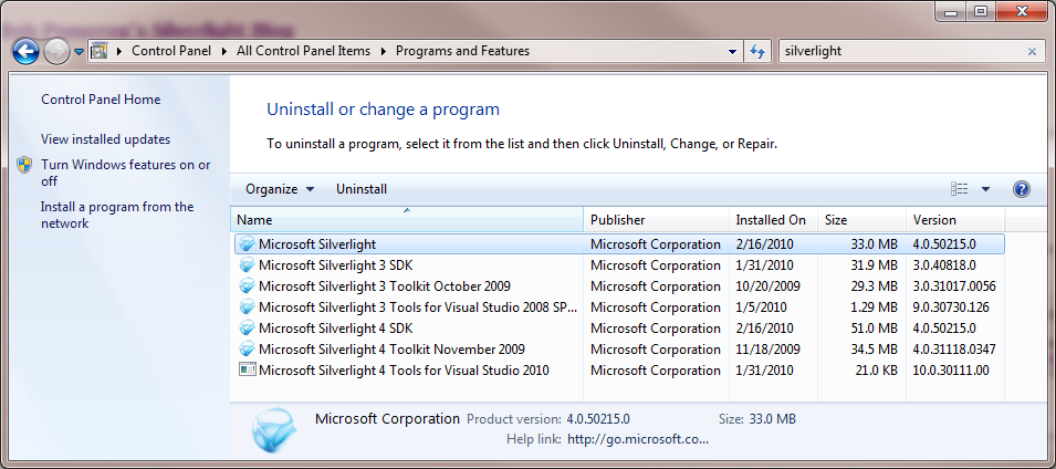 Programs and Features Silverlight